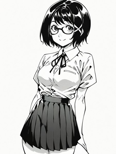 score_9, score_8_up, score_7_up,  
1girl, monochrome, 

takamine chika, black hair, medium hair, x hair ornament, glasses, medium breasts,

white background, standing, solo, smile, closed mouth, looking at viewer,
white shirt, neck ribbon, short sleeves, school uniform, pleated skirt, 