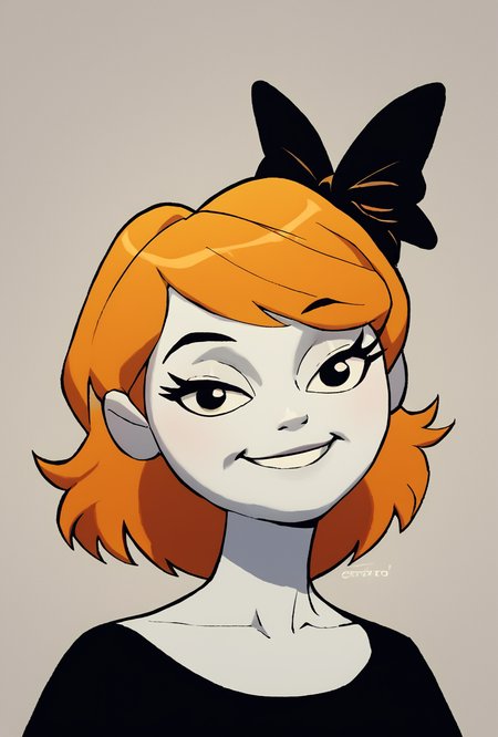 score_9, score_8_up, score_7_up, score_6_up, score_5_up, simple,  looking at viewer, smiling, simple, <lora:derpina-10:1> derpina, 1girl, short hair, hair bow, medium hair, orange hair, black dress,, white skin,,  <lora:wyatt:1> wyatt   <lora:Manyakis:1>