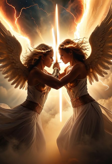 Duel, 2girls, angel girls, mud, clouds, lightning, detailed faces , fierce fight in a duel, 
In the celestial realm, amidst clouds of ethereal light, two angels engage in a battle of cosmic proportions. Their wings, vast and majestic, unfurl with divine grace as they circle each other in a dance of combat. One radiates golden light, emanating an aura of righteousness and justice, while the other exudes an ominous darkness, cloaked in shadows born of rebellion.
Their swords clash with a thunderous resonance, each strike sending shockwaves through the celestial plane. Light and darkness intertwine, casting a mesmerizing display of colors across the heavens. The clash of their powers creates whirlwinds of energy, twisting and contorting the fabric of reality.
As the battle rages on, the angels exchange fierce blows, their determination unyielding. Each strike is imbued with the weight of eons, a testament to the ancient enmity that fuels their conflict. Sparks fly as their swords meet once more, a symphony of celestial fury echoing through the cosmos.
graphic style of novel comics, perfect hands, 2d,
8k, hyperrealism, masterpiece, high resolution, best quality, ultra-detailed, super realistic, Hyperrealistic art, high-quality, ultra high res, highest detailed, lot of details, Extremely high-resolution details, incredibly lifelike,