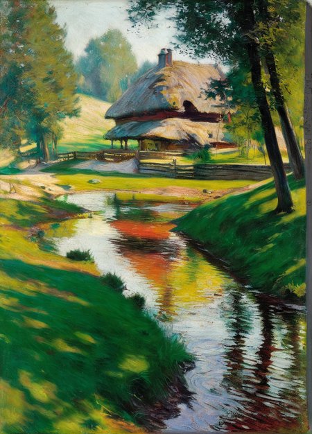podkowinski house in the forest by the stream <lora:podkowinski:0.9>