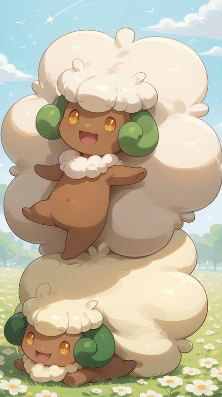 score_9, score_8_up, score_7_up, score_6_up, score_5_up, score_4_up, masterpiece, high quality,   whimsicott,  <lora:Whimsicott-:0.9> Whimsicott, pokemon, creature, girl, 1girl, lots of hair, excessive hair, white hair, tanned, ram horns, green horns, 1girl, whimsicott on shoulder, large breasts, loose shirt,  <lora:Microwaist_XL_v01:0.97> microwaist, narrow waist, small waist,
