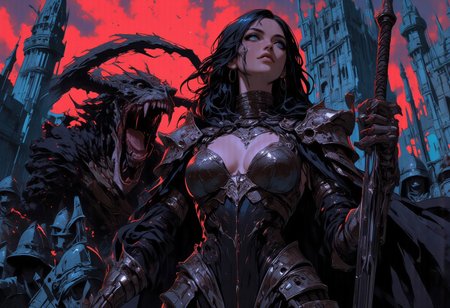 This is a highly detailed, dark fantasy digital painting depicting a dramatic scene set in a medieval castle. The central figure is a beautiful sexy woman, wearing dark, form-fitting armor with exposed breasts. Her expression is pleased, with a determined gaze. She holds a sword in her right hand, and her left arm is wrapped around a monstrous creature with a snarling, demonic face. The creature's mouth is wide open, revealing sharp, blood-stained teeth and a gaping maw, dripping with blood. The woman's armor is metallic and ornate, with a black cloak flowing behind her.
In the background, a group of armored knights and soldiers are visible, some of them looking towards the central figures with a mix of fear and awe. The castle walls are made of stone, with broken sections and crumbling architecture, suggesting a battle-ravaged environment. 
 The sky is vibrant, red clouds, casting a bright  light over the scene. The overall color palette is dominated by  crimson,dark blue, and cyan, enhancing the fantasy and breathtaking atmosphere. The textures are highly detailed, from the rough stone of the castle to the smooth, polished metal of the armor. 
best quality,masterpiece, detailed, UHD, lots of fine detail,award-winning,vibrant,saturated,vibrant neon colors,deep rich color,disturbing,hdr,
 high resolution,bright lit,glow,reflections