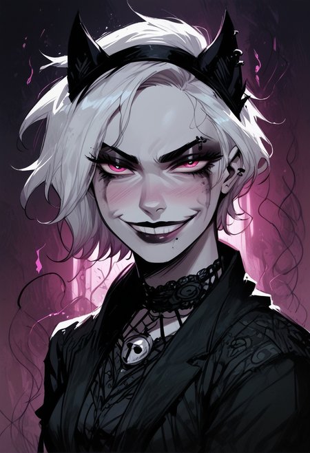 score_9, score_8_up, score_7_up, BREAK, 1woman portrait, beautiful, dramatic lights (( seductive, seductive look, goth, goth girl, goth makeup, animal ears, pink eyes, white colored skin, white hair, short hair, happy, smug))
<lora:Fant5yP0ny:0.6> <lora:fantasy_world_pony:0.9>
<lora:Cherry-Gig:0.55>