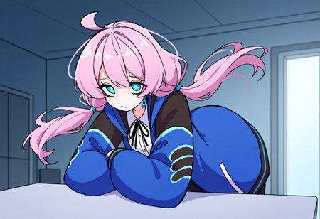 dryamero, dynamic pose, indoors, blue poison (arknights), 1girl, pink hair ,long hair, blue eyes, low twintails, ahoge, scales, unusual pupil