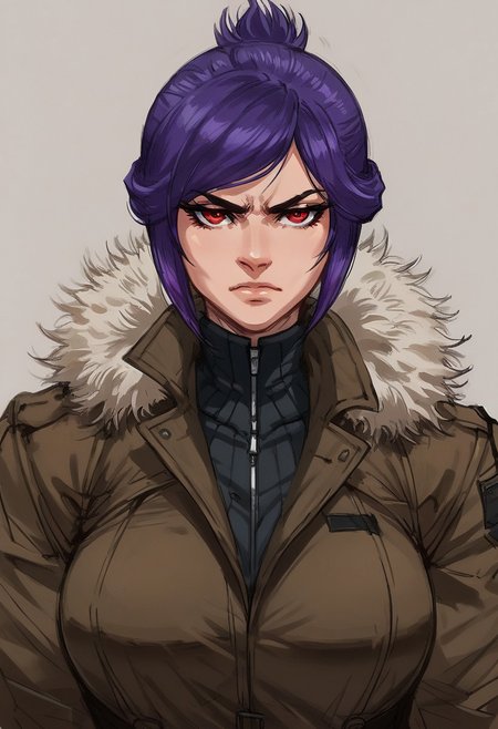 score_9, score_8_up, score_7_up, beatyfull color, aesthetic, 
yoji_shinkawa, sketch,
close-up shot,
solo, 
1girl,
sabia, human, purple hair, red eyes, folded ponytail,
trenchcoat, black fur trim,
large breasts, 
closed mouth, serious, looking at viewer,