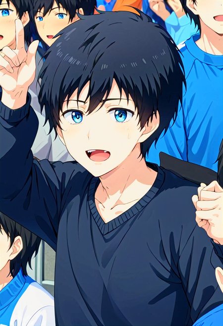 high resolution, solo, best quality, 1Boy, Arata Kaziaki, Black Hair, Blue Eyes, Attending a sports game, stadium, cheering, excitement,