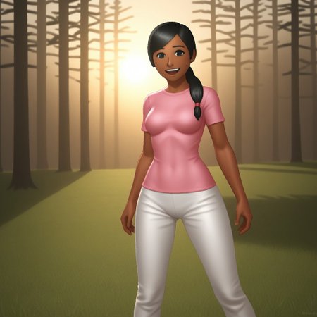 score_9, score_8, BREAK, solo, wii, mii, wii sports, 1girl, female mii, black eyes, black hair, black eyebrows, dark skin, open mouth, pink clothing, white pants, sneakers, nintendo mii, modern_mii, classic_mii, breasts, sakura_(wii_sports), cute, sexy pose, smile, outdoors, sunlight, shadows, evening lighting, natural lighting, forest, trees, grass, orange sky, sunset