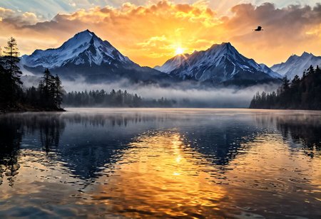 Sunrise gradually illuminating a tranquil mountain lake, dense fog obscuring the mountain peaks, scarlet and gold sky reflected in the still water, lone silhouette of a heron in flight, subtle ripples in the foreground catching the first light, serene, ultra realistic, golden ratio.