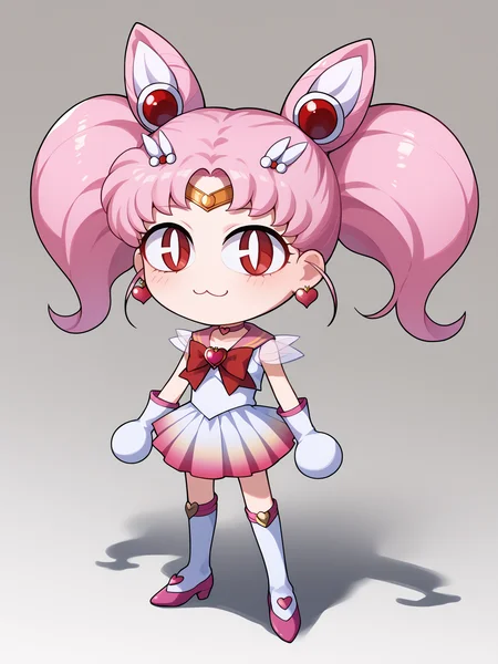 score_9, score_8_up, score_7_up, BREAK,
1girl, necoarc, cat ears,
chibiusa, pink hair, twintails, cone hair bun, double bun, red eyes, earrings, hair ornament, tiara, hairpin,
red bow, heart brooch, bow, brooch, white elbow gloves, heart choker, magical girl, multicolored clothes, multicolored pleated skirt, pink sailor,
standing, chibi, slit pupils, solo, full body, white background <lora:necoarc-guy-PONY-v1:1>    <lora:ChibiusaXL:1>