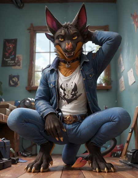 score_9, score_8_up, score_7_up, BREAK (anthro, furry:1.1), depth of field, cinematic lighting, masterpiece, detailed teeth, detailed hands, best quality, ultra realistic, 4k, 2k, film photography, RAW photo, photorealistic, analog style, subsurface scattering, photorealism, embedding:unaestheticXL_bp5, embedding:zPDXL,(best quality, high quality, 8K:1.5), <lora:add-detail-xl:3>, <lora:fix_hands.safetensors:2.0>, <lora:2.5DRealisticV2.safetensors:0.30>, <lora:sinfully_stylish_SDXL.safetensors:0.6>, <lora:AdvancedEnhancerXLv2.safetensors:1.0>, max detail, 4k wallpaper, masterpiece, best quality, absurdres, highres, (bruvelighe:1.1), claws, fur, male, multicolored body, multicolored fur, spade tail, toe claws, yellow nose, (bat nose:1.15), male, femboy, cute, blush, detailed hands <lora:Bruvelighe.safetensors:0.75> (half-body portrait, smiling at viewer, looking pleasured, v sign, squatting head down hand behind head, denim jacket,jeans,white t-shirt,choker:1.15)