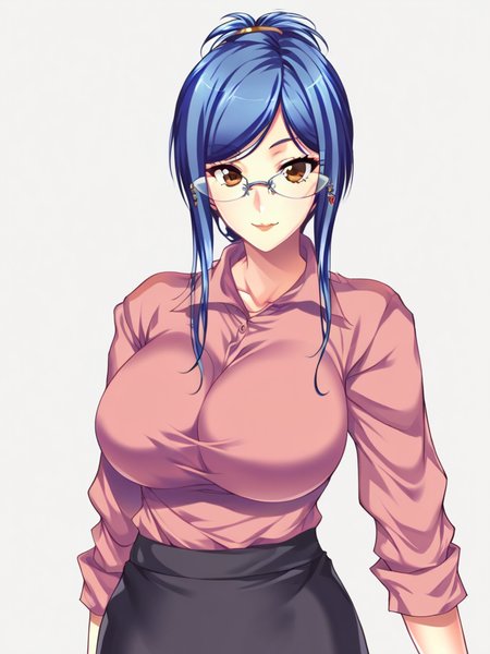 score_9, score_8_up, score_7_up,  
1girl, jougasaki saeko, blue hair, folded ponytail, large breasts, brown eyes, glasses, pink shirt, long sleeves, black skirt, 

looking at viewer, smile, closed mouth, 

standing, upper body, 
white background, solo,