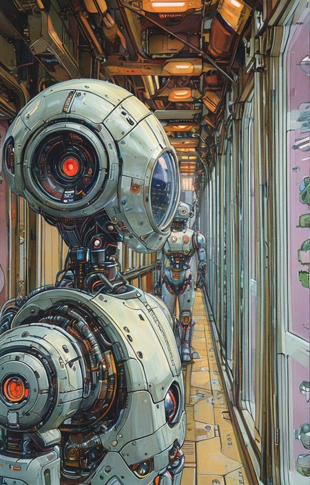 masterpiece,best quality,<lora:tbh179-sdxl:0.9>,illustration,style of David Welker, portrait of Housework robots