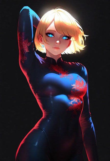 masterpiece, best quality, good quality, very aesthetic, absurdres, newest,  1girl, solo, looking at viewer, short hair, shirt, blonde hair, long sleeves, closed mouth, , blue eyes, standing, cowboy shot, earrings, arm up, lips, bodysuit, ballet, floral print, black background, arm behind head, butterfly,
Eye reflections, global illumination, ray tracing,bright eyes, simple background,
 Lighting,Cool And red Lighting,backlit, backlighting, <lora:ponyv5_noobV065S_1_adamW-000013:0.7> <lora:USNR_STYLE_XL_lokr:0.5> <lora:EtherSDXL:0.15> <lora:748cmSDXL:0.3> <lora:backlitILL:0.8>