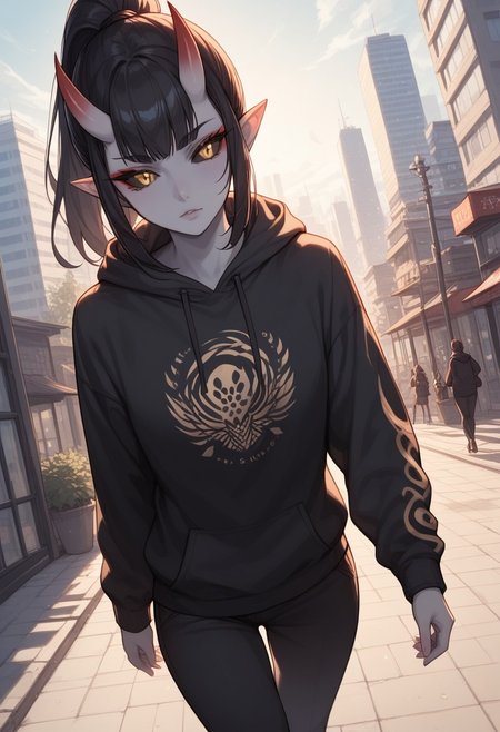 score_9, score_8_up, score_7_up, score_6_up, rating_questionable, 1girl, Polly, PollyRH, oni horns, pointy ears, colored sclera, third eye, black sclera, slit pupils, grey skin, long black hair, ponytail, gold eyes, HD32k, dynamic pose, aesthetic, perspective, solo, detailed, sensual look,  walking, black print hoodie, pants, city, angle shot, take away coffee, looking away, pensive