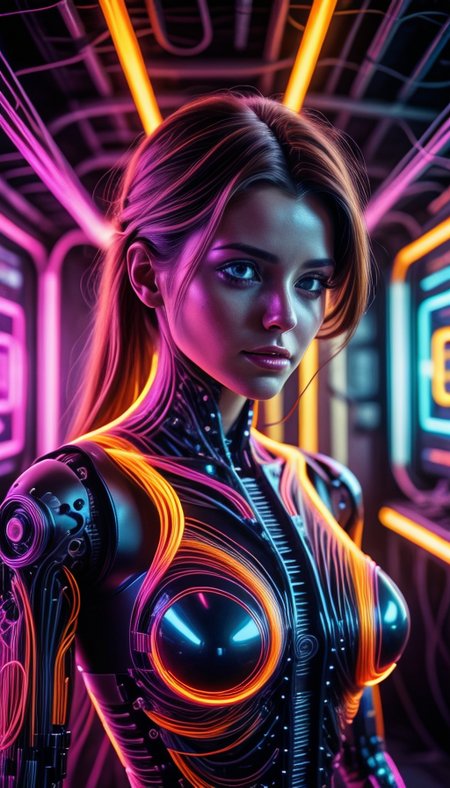 colorful chaos, vivid colors, striking visual design, <lora:add_detail:0.75>, <lora:sharpen-soften:-0.2>, <lora:stylesqueeze_v2:0.25>, <lora:realistic:0.25>,
1 girl, adult  woman, chubby, hazel eyes, auburn half-up half-down hairstyle, portrait, solo, upper body, looking at viewer, detailed background, detailed face, (<lora:1970RetroFuturism:0.6>, 1970retrofuturism, 1970s theme:1.1), android, cyborg, mechanical limbs, mechanical eyes, wires,  advanced technology, dynamic pose, emotionless,  artificial intellgience, steel, digital implants, nanobots, electronics, gadgets, powered by electricity, holograms, particle effects, bright  lights, neon colors, cables in background, cinematic atmosphere, <lora:isobug:0.75> <lora:speedy1p5:1.15>