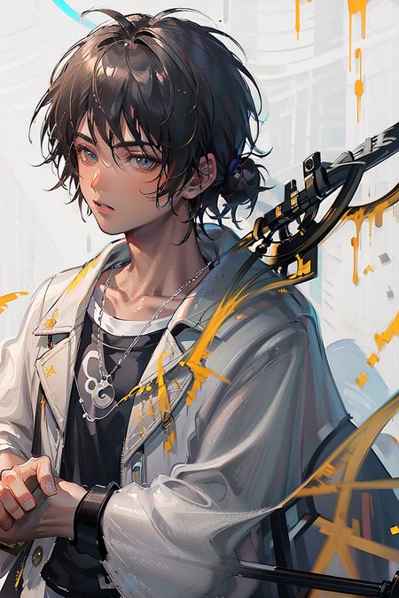 (solo:1.5),(masterpiece:1.5),(best quality:1.5),(bust:1.3),Amazing,beautiful detailed,extremely detailed wallpaper,extremely detailed CG unity 8k wallpaper,extremely delicate and beautiful eyes,{{1boy}},male_focus, thorns,weapon,jewerly,black t-shirt,street,
