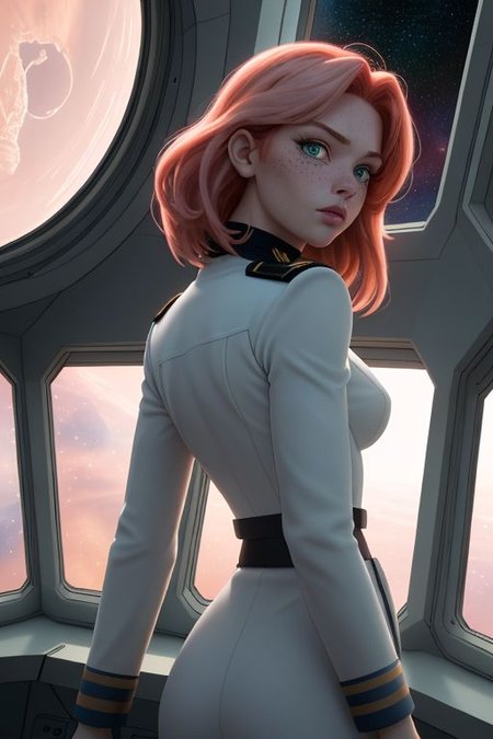 (8k uhd, masterpiece, best quality, high quality, absurdres, ultra-detailed), space ship observation deck, large window, in space, earthlike planet in sunlight in background, single woman front center, gradient hair, red hair, light pink hair, green eyes, light freckles, looking into the distance, navy uniform, uniform with white trim, back light, rim light