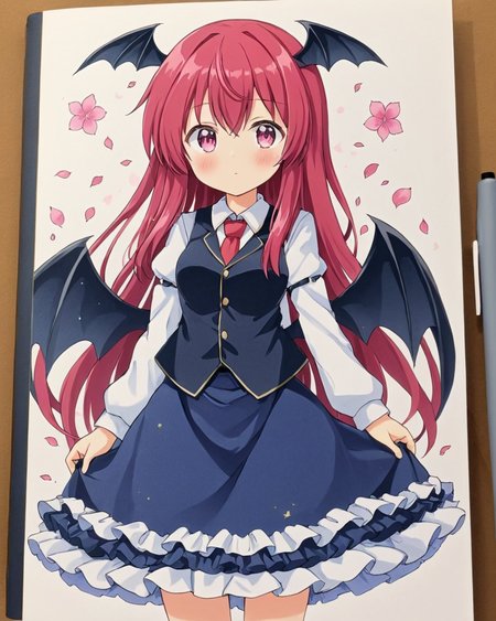 koakuma,1girl, sample_watermark, marker_\(medium\), solo, head_wings, holding_book, white_shirt, traditional_media, red_necktie, looking_at_viewer, :o, long_sleeves, black_vest, cowboy_shot, frills, bat_wings, blush, skirt_set, collared_shirt, black_skirt, black_wings, petals, sparkle, blue_skirt, dress_shirt
<lora:koakuma_image4390_2023-12-14-000008:1>,star-shaped_pupils,symbol-shaped_pupils,. gorgeous,key visual, vibrant, studio anime,award-winning, professional, highly detailed,high budget, cinemascope