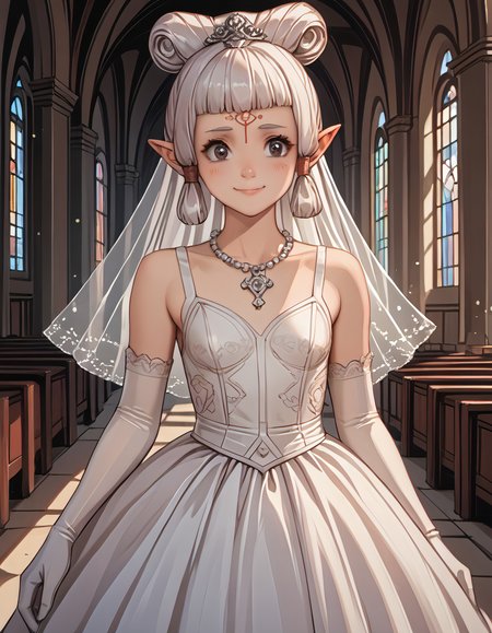 score_9, score_8_up, score_7_up, score_6_up, score_5_up, score_4_up, source_anime, 4K, (8K), best quality, (beautiful), (dynamic lighting), (super detailed skin), sharp focus, (1_girl, solo focus), masterpiece ,absurdres ,detailed face ,beautiful face , paya, elf ears, pointy ears, , high ponytail, 
blush,bride, wedding dress, bridal veil, white dress, tiara, pearl necklace, indoors, church, sunlight, light rays, (light particles), elbow gloves, white gloves, garter straps, white thighhighs, gothic architecture, pillar, arch, smile, closed mouth, blush, sweatdrop, wedding ring, wedding,
 Real light and shadow, anime face, 4k, 8k, wallpaper,epic, detail texture colored inner hair,ear breathing)))),((blue_eyes:1.3))),intricate eyes,beautiful detailed eyes,symmetrical eyes,big eyes:1.5,(((lustrous skin:1.5,bright skin: 1.5,skin ,shiny skin,very shiny skin,shiny body,plastic glitter skin,exaggerated shiny skin,illuminated skin))),(detailed body,(detailed face)),(((intricate outfit,intricate clothes,embroidered outfit,ornate outfit,embroidered clothes,ornate clothes))), (dynamic pose:1.0) (centered,scale to fit dimensions,Rule of thirds), (ultra detailed,extremely detailed),(photorealistic artwork:1.37),(extremely detailed CG unity 8k wallpaper),(((vibrant colors,vibrant theme))),(intricate),, embedding:OverallDetail, embedding:civit_nsfw, 1girl, perfectly flat chest, tiny perky tits