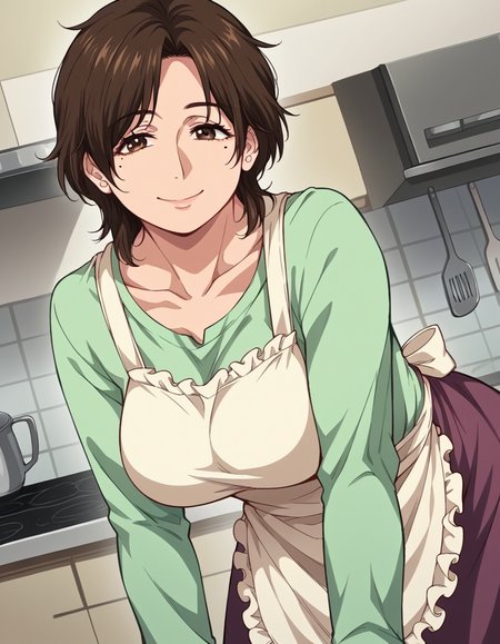 score_9, score_8_up, score_7_up, source_anime,
bokunoshiranaihahasaori, <lora:boku-no-shiranai-haha-saori-manga-ponyxl-lora-nochekaiser:1>,
saori, short hair, large breasts, brown hair, brown eyes, mole, mole under eye, mature female, parted bangs,
apron, frilled apron, shirt, long sleeves, green shirt, collarbone, skirt,
indoors, kitchen, bent over, smile,
cowboy shot, solo, dutch angle, looking at viewer,