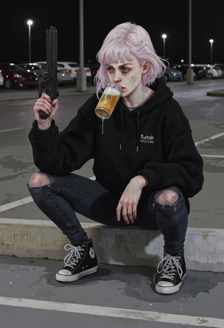 Watercolor painting of young woman blonde hair emo haircut with long bangs, sipping a can of beer with one hand, aiming a handgun, freckles, bored, wearing baggy hoody, skinny ripped jeans, high top sneakers, outdoors parking lot at night background