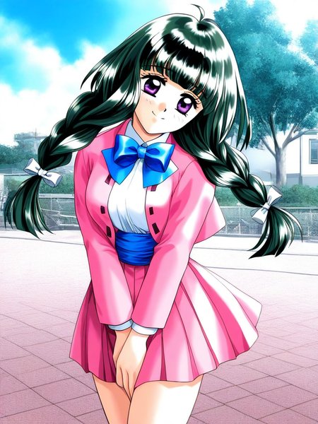 general,highres, ultra-detailed,very aesthetic,best quality ,best hands, BREAK  <lora:Kamiyama_Miko_kakyuusei_Ver2.0_IS:1>Kamiyama_Miko(kakyuusei), 1girl, solo, dark green hair,, long hair, purple eyes, twin braids, white bow, blunt bangs, hair bow, medium breasts,
pink jacket, bowtie, blue bow, shirt, jacket, white shirt, blue bowtie, pleated skirt, pink skirt, blue sash, 
 long sleeves, outdoor, 
v arms, smile,
standing, sky, day,