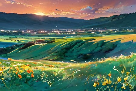 green plain, sunset, golden hour, landscape, ultra detailed, flowers,