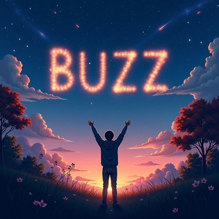 (the word "BUZZ" written in large letter as stars in the night sky), detailed background, Calm autumn night landscape, amongst lush greenery, beautiful view, (Sakura blossoms in full bloom), Unexplored, twilight, sunset, (shooting stars), stars streaking the sky, streaking stars, beautiful clouds, dappled sunlight, beautiful, silhouette of a person looking up at the sky in wonder with arms raised