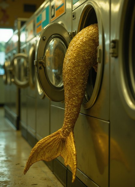 cinematic film still The image depicts a mermaid tail hanging inserted from a laundry facility's washing machine.
This image showcases a realistic depiction of a mermaid tail, complete with intricate scales and vibrant colors, as it is inserted into a washing machine at a laundromat. The mermaid tail is a striking golden-yellow hue, while the surrounding environment features a warm, earthy color scheme that adds to the overall sense of realism.
The image captures a whimsical moment in time, blending fantasy and everyday life in an unexpected yet captivating way. The use of realistic textures and colors creates a convincing illusion, making it seem as though the mermaid tail has truly been inserted into the washing machine. . shallow depth of field, vignette, highly detailed, high budget, bokeh, cinemascope, moody, epic, gorgeous, film grain, grainy