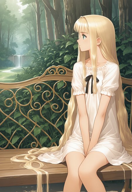 hortensia,score_9,score_8_up,score_7_up,source_anime,best_quality,masterpiece,super_fine_illustration,8k,1girl,solo, blonde hair, (((very old bench))), (((long hair:1.4))), white dress, nature, ((profile shot)), feet, (()), toes, fresh grass