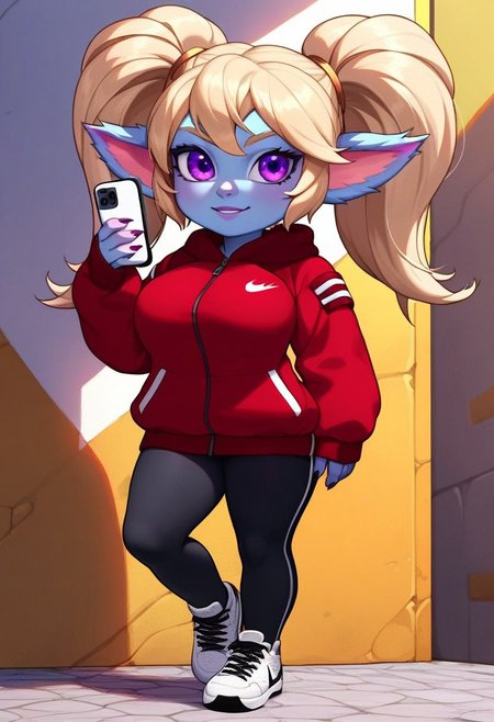 score_9,score_8_up,score_7_up,detailed eyes, beautiful, detailed background, perfect eyes,source_anime, very aesthetic, anime screencap, anime coloring,source_furry,
1girl,Poppy,lol,yordle,colored skin,blue skin,large breasts,large thighhighs,fluffy ears,blonde hair,twintails,purple eyes,
 Red bomber jacket, black nike pants,sneakers, phone in hand,
 street,