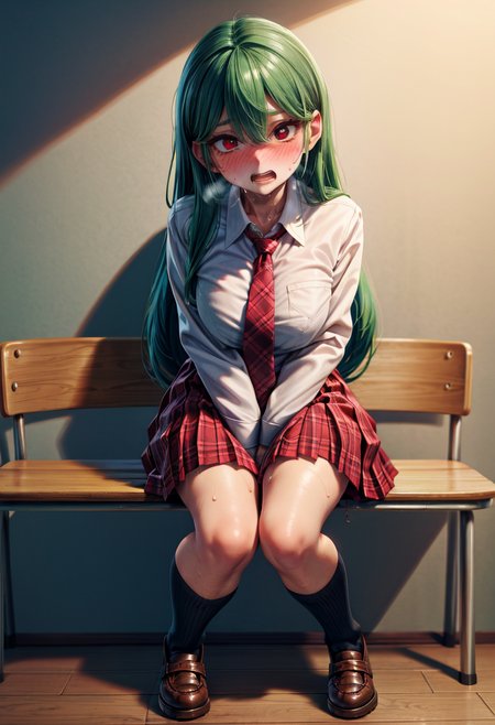 have to pee, <lora:weight_slider_v2:0.7> 1girl, solo, blush,  hand between legs, socks, long hair, between legs, white shirt, embarrassed, shoes, miniskirt, bangs, necktie, nose blush, open mouth, long sleeves, peeing self, plaid, full body, sweat, red skirt, teeth, pleated skirt, kneehighs, brown footwear,  shiny hair, looking at viewer,  sidelocks, shiny, detailed background, school, collared shirt, red eyes, black socks, school uniform, wet clothes, green hair, shirt tucked in, hair between eyes <lora:have_to_pee-v1:1>