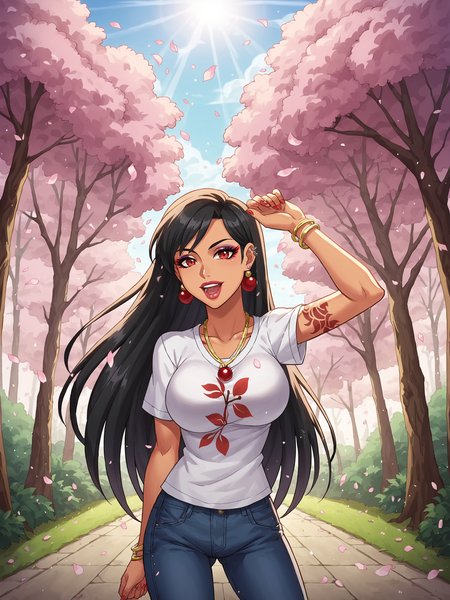 score_9, score_8_up, score_7_up, BREAK <lora:RaiouPDXL:0.5> lips, bimbo,  piercing, ear piercing, very tan, (makeup:1.4), 
1girl, long hair, black hair, red eyes, cherry blossoms, tree, sunlight, detailed background, flower, intricate details, highly detailed, ultra detailed, hyper detailed, complex background, scenic, nature, path, fallen petals, glowing, sunbeams, soft lighting, highres, masterpiece, best quality, anime screencap, casual, white shirt, print shirt, necklace, bracelet, arm tattoo, dancing, twirling, joyful expression, carefree