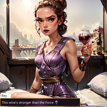 score_9_up, score_9, score_8_up, score_7_up, rating_explicit, 1girl, sexy 18 year old female, tight butt, short, small breasts, petite body, g0thicPXL, bedroom, elegant purple dress, holding a glass of wine, glass of burgundy wine, sipping on wine, jewelry, eyeshadow, mascara, lipstick, blushing, sitting, legs crossed, Rey, Light brown hair, Wavy hairstyle, Fair skin, Hazel eyes, Triple bun hairstyle, Toned physique, Simple, practical clothing, Wears wrist wraps, Scavenger attire, Desert-weathered look, Rey, 1girl,  solo, brown hair, brown eyes,