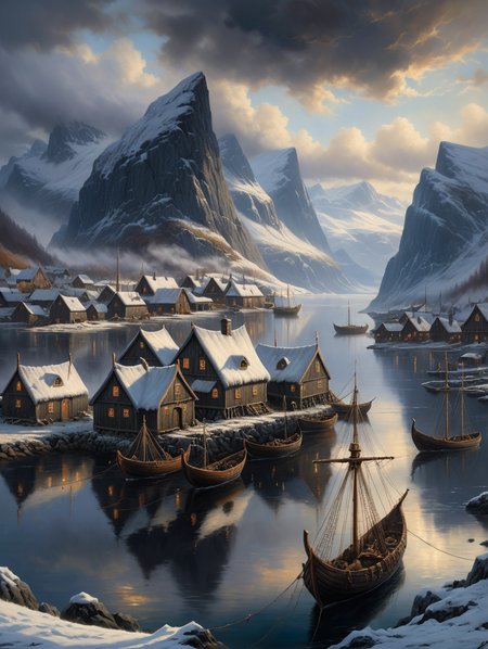 oil painting, A small Viking village with a pallisade and harbour, 34K uhd, masterpiece, high detail, 8k, intricate, detailed, high resolution, high res, high quality, <lora:add-detail-xl:1.8>, highly detailed, Extremely high-resolution details, fine texture,