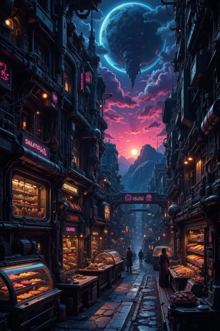 a sweets and pastries shop,beautiful misterious futuristic sci-fi cyberpunk landscape, dusk, woman, very intricate, very detailed, sharp, colorful, <lora:Hand v2:0.5> <lora:Anti-Blur:1><lora:Insane Detail Slider:0.25>  <lora:flux.1_lora_flyway_Epic-detail_v2:0.3> <lora:fluxenhancer:0.25><lora:The_Dark_Side_Of_The_Future:0.4><lora:Neurocore Anime Cyberpunk v2.0:0.5> A digital artwork in the style of cknc