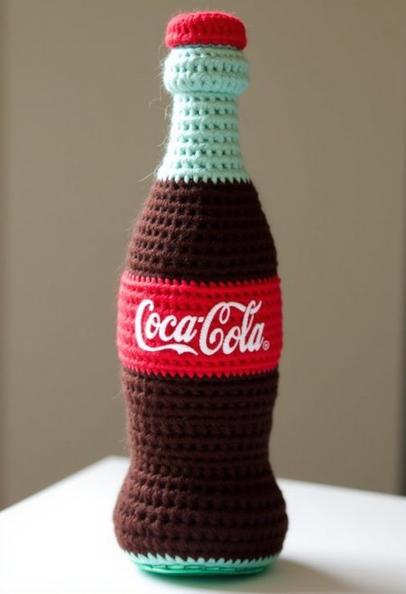 a crocheted bottle of Coca-Cola in the style of CRCHTD