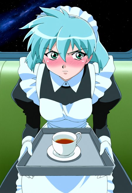 high quality, highres, retro artstyle, 1girl, meia gisborn,  solo,green eyes, looking away, hair between eyes, blue hair, short hair, aqua hair,  indoors, space,maid, maid apron, maid headdress, holding tray, tea, blush, embarrassed, angry, pov,