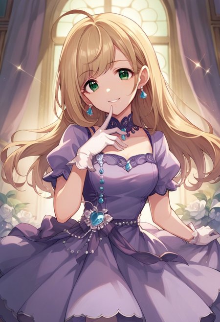 score_9, score_8_up, score_7_up, source_anime,satou shin, ahoge, green eyes, brown hair, 1girl, dress, gloves, blonde hair, earrings, long hair, solo, jewelry, looking at viewer, purple dress, smile, finger to mouth
