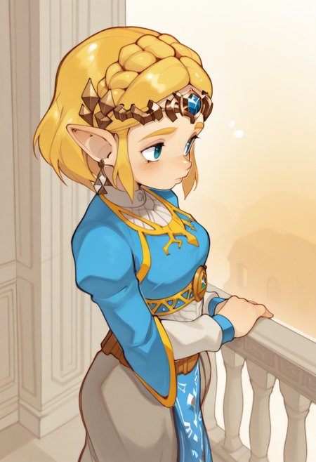 04N1M3R3style, masterpiece, best quality, solo,                                                                                  princess zelda, dress, tiara, stood on balcony with flowers surrounding the walls, from the side, blue eyes, warm colors,
