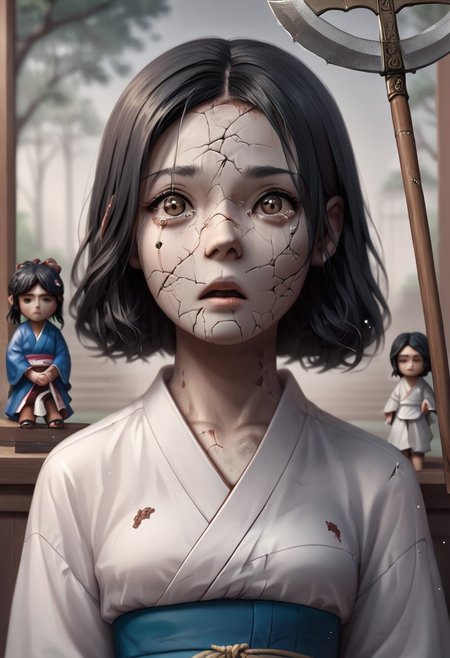 score_9, score_8_up, score_7_up, score_6_up, easynegative, masterpiece, the highest, perfecteyes, brown eyes, girl, kimono ,black hair, scythe, ,jewelry,geisha , fear, facial cracks,tears,porcelain body,doll,doll joints