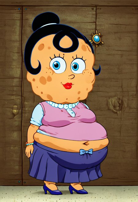 sp0nge_m0m,
1girl,
blue eyes,
solo,
black hair,
high heels,
jewelry,
shirt, Skirt, 
(portrait, head tilt, looking at viewer), (fat:1.5), exposed navel