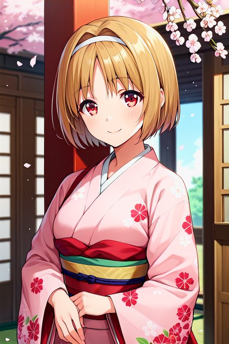 score_9, score_8_up, score_7_up, score_6_up, score_5_up, score_4_up, rating_questionable, , source_anime, digital illustration, pixiv, fanbox, uncensored, , BREAK, official art,
1girl, solo, female, kushida kikyou, short hair, hair intakes, red eyes, (hair band:0.8), 
japanese clothes, kimono, japanese background, floral print, cherry blossoms,,, outdoors, light smile, blush, cowboy shot, looking at viewer,  <lora:Kushida_Kikyou_Pony-000009:0.9>
