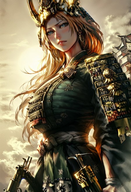 score_9, score_8_up, (cowboy shot:1.5), chest focus, best quality, masterpiece, high contrast, 8k, highly detailed, extremely detailed face, beautiful , Matsumoto Rangiku from Bleach, indifferent, blushing, excited, arrogant, blond hair, slender and perfect figure, (huge breasts: 1.5), thin waist, sexy long legs, beautiful blue eyes, big hoop earrings, wearing Japanese Warring States period armor, holding a Japanese Warring States Period matchlock gun ,  body shot from waist up, detailed background, surreal, HD, extremely detailed, high resolution, cinematic lighting, octane rendering, 8k resolution, Artstation quality, Horizontal viewing angle