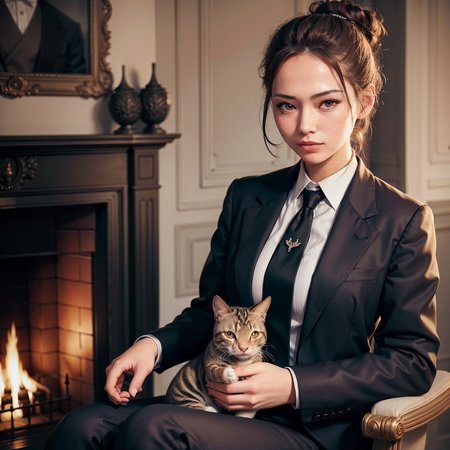 masterpiece, absurdres, high quality, realistic,
1girl, holding a cat, hair bun, mafia, suit and tie, pants, evil grin, standing,
indoors, fireplace,