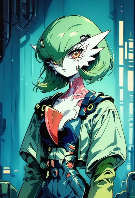 score_9, score_8_up, score_8, 
1girl, solo,
gardevoir, green_hair, green_skin, hair_over_one_eye,
(cyberpunk:1.1),