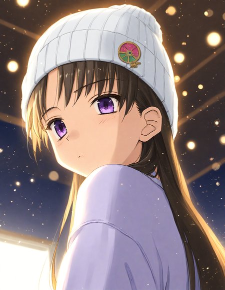 score_9, score_8_up, score_7_up, masterpiece, best quality, absurdres, official art, official style, (anime coloring, anime screencap, megami magazine, flat color:1.3), zPDXL2, zPDXLxxx,
<lora:Tsuina Style Pony_epoch_10:1.0>, tsuina_style
(cute face, beautiful face, detailed face, perfect face:1.3), 
dim lighting, light particles, dramatic lighting, bokeh, volumetric lighting, double exposure, 
rating_safe, sitting, indoors, (portrait|upper body:1.3), hat, (from below:1.3)
, night, blurry, depth of field, screen, glowing, purple theme, from behind, frown, from side, beanie, no humans