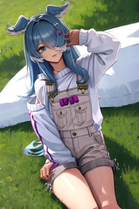 solo, 1girl, solo_focus, (((masterpiece))), ((best quality)), ((ultra-detailed)), high resolution, absurdres, highres, ultra-detailed 8k unity wallpaper, 
elira1st, long sleeves, overalls, white sweater, off shoulder, grey gloves, one eye covered, overall shorts