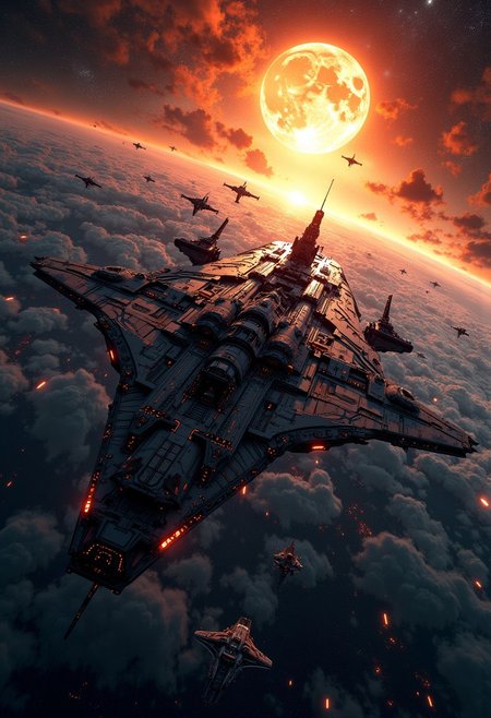 best quality, masterpiece, large capital spaceship, a supermassive dull sun in the background, cinematic, dynamic photorealistic image, High Definition HD, High Detail, Perfect Composition