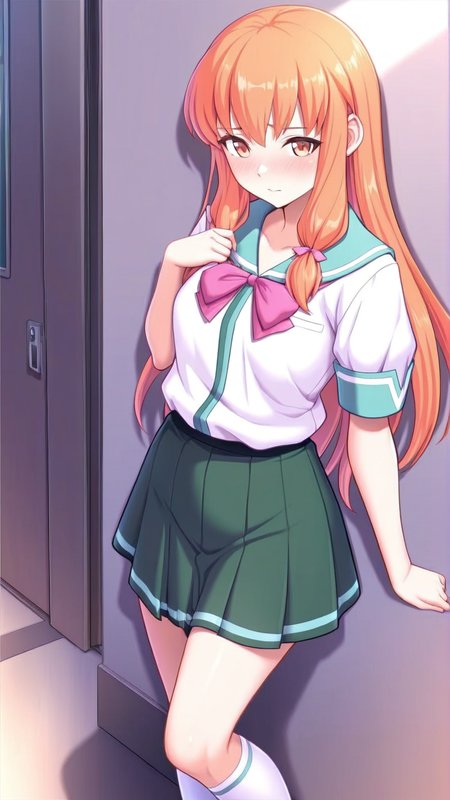 amazing quality,absurdres,best quality,masterpiece,highres,newest,detailed,detailed body,detailed face,masterpiece,best quality,solo,
æ£®äºæ¸è±,1girl,socks,school uniform,long hair skirt,bow,orange hair,kneehighs,shirt,<lora:æ£®äºæ¸è±:0.8>,